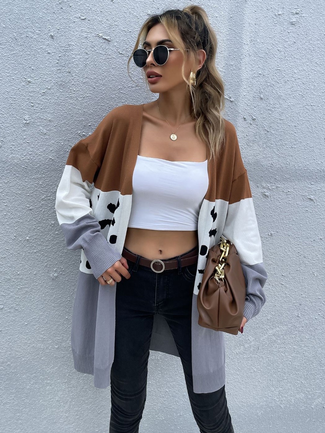 

Stylecast X KPOP Women Colourblocked Longline Cardigan Sweater, Khaki