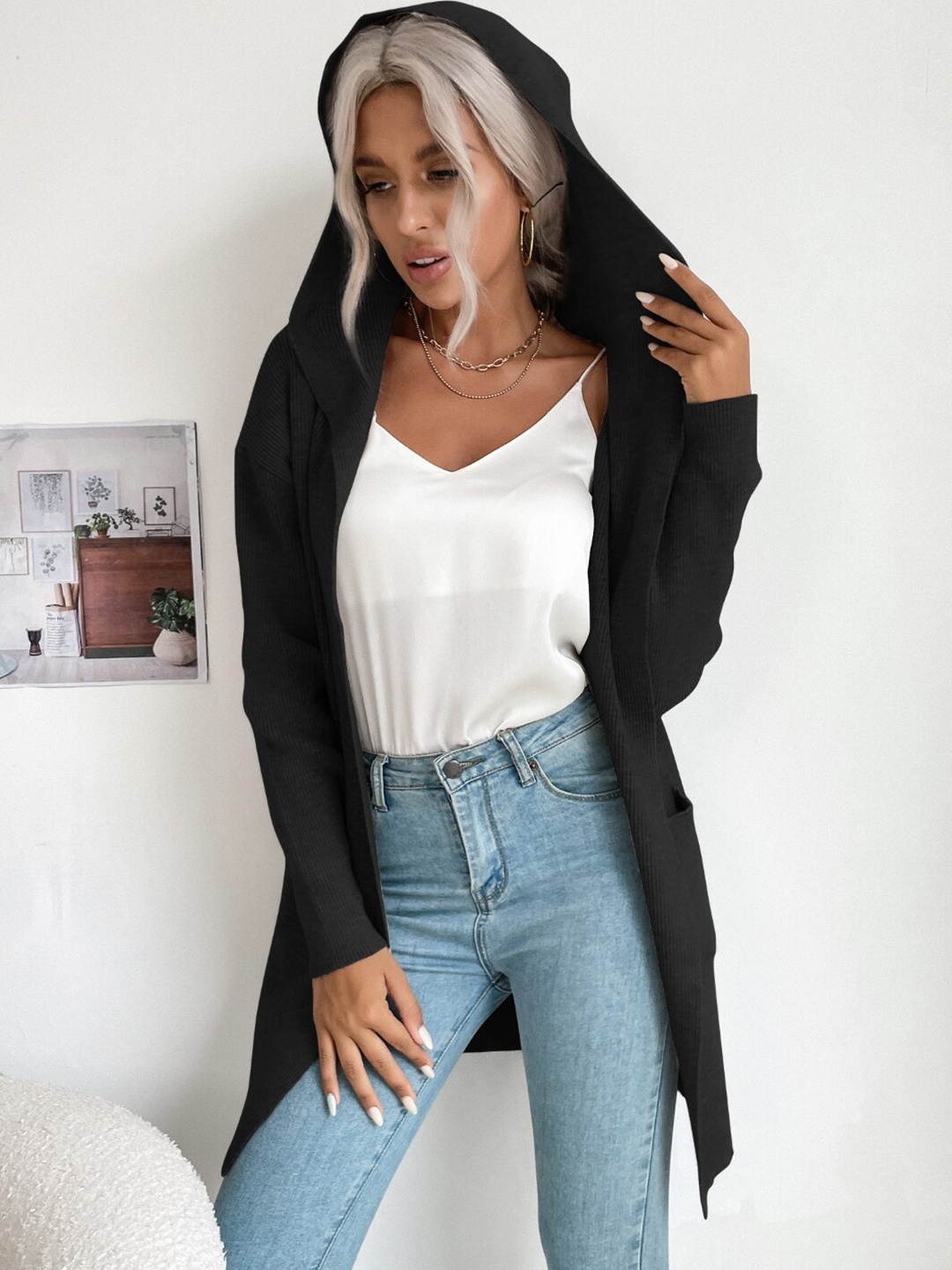 

Stylecast X KPOP Women Hooded Solid Longline Cardigan Sweater, Black