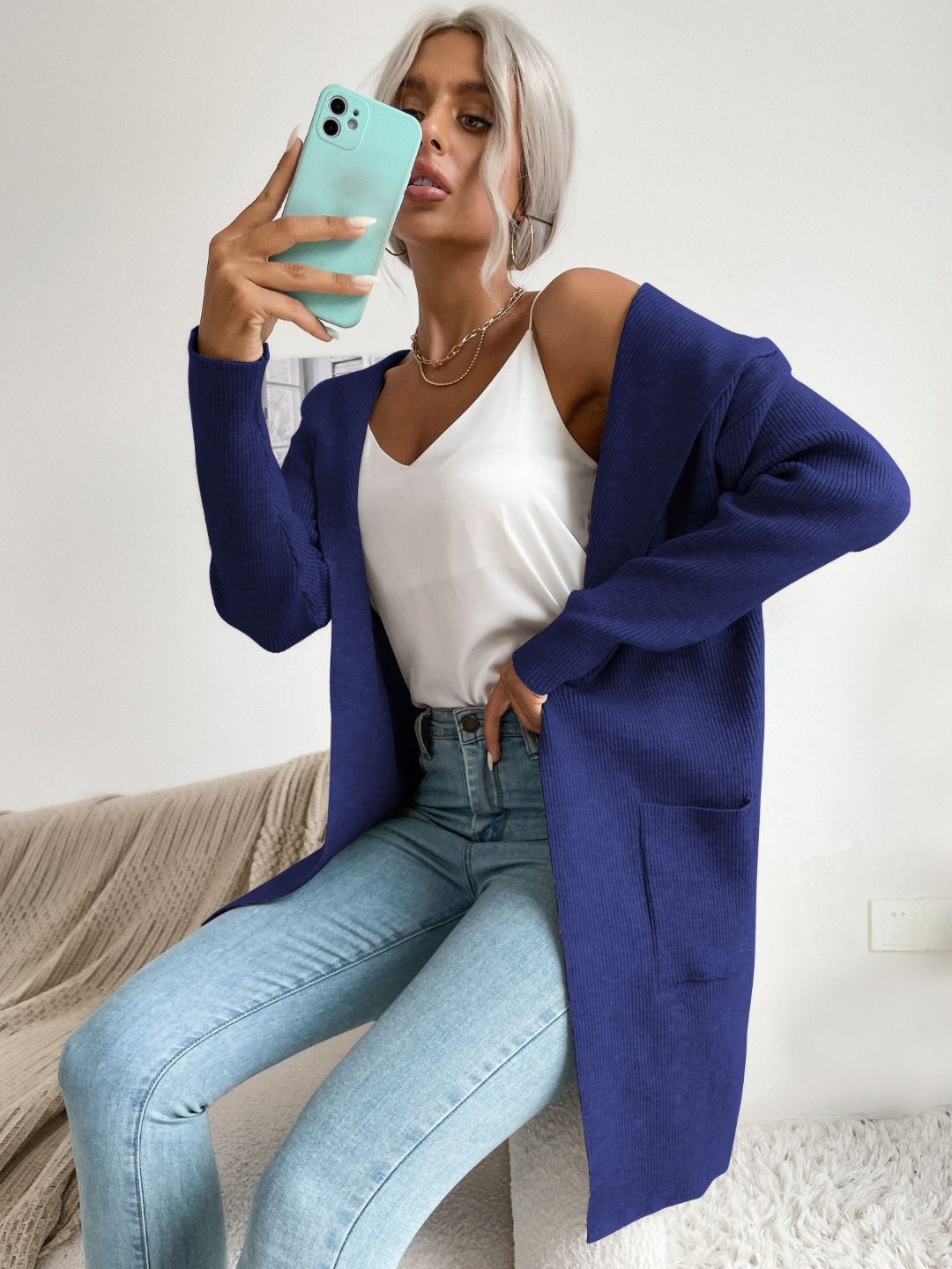 

Stylecast X KPOP Women Solid Hooded Longline Cardigan Sweater, Blue
