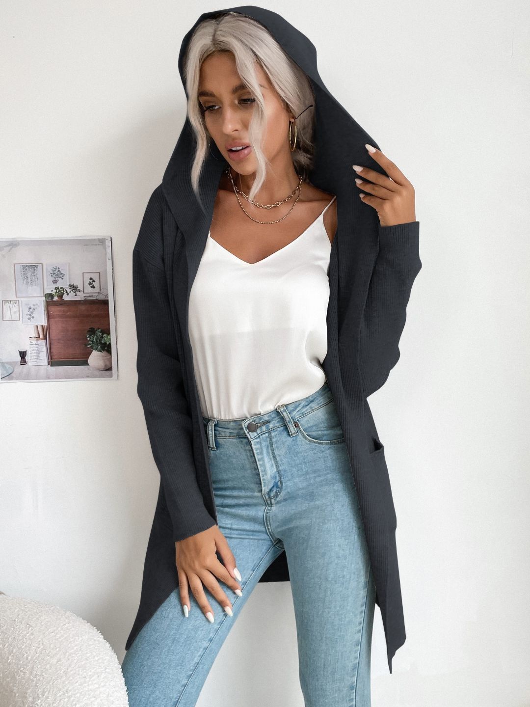 

Stylecast X KPOP Women Hooded Solid Longline Cardigan Sweater, Grey