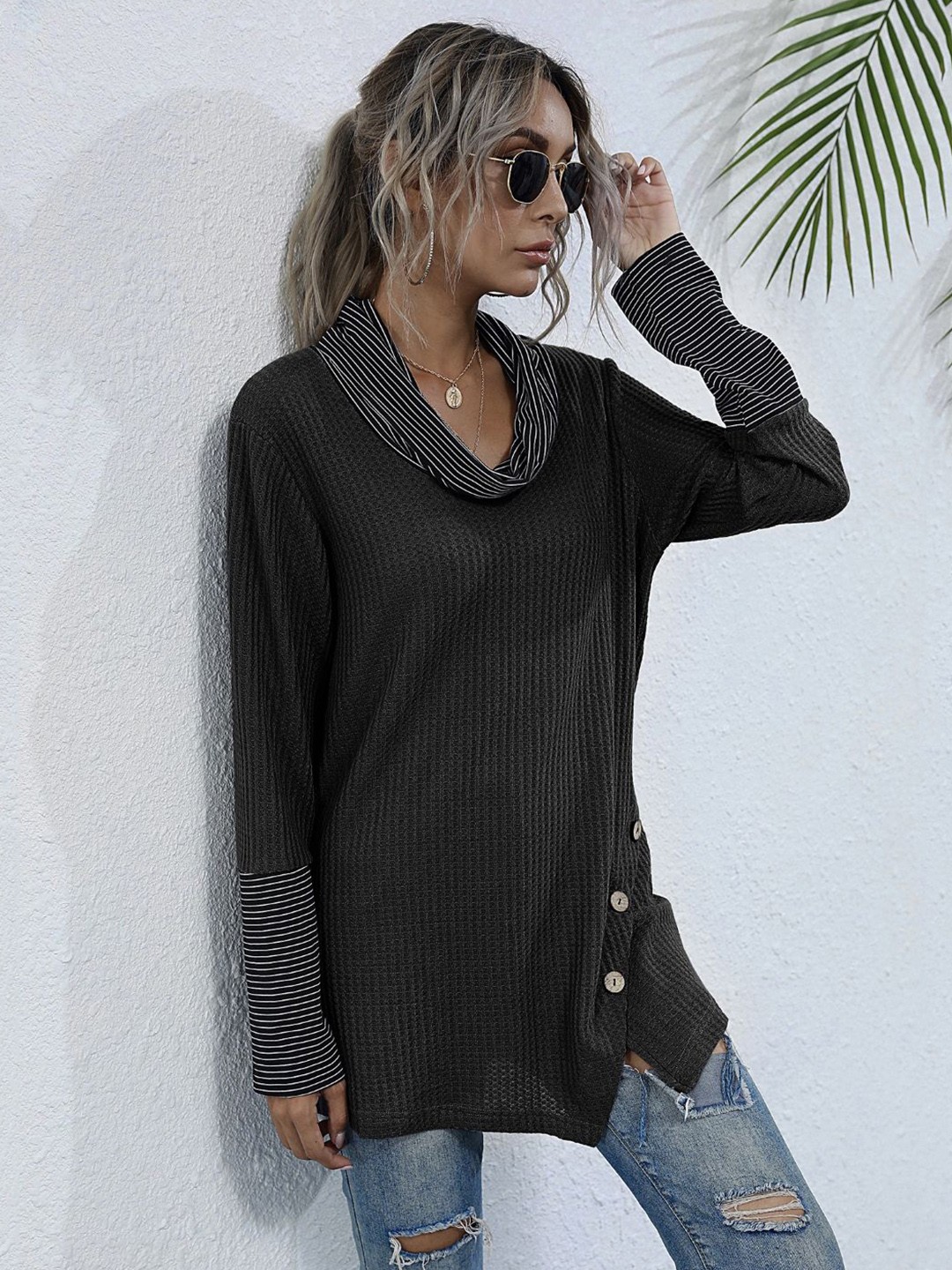 

Stylecast X KPOP Women Striped Cowl Neck Cable Knit Pullover Sweater, Black
