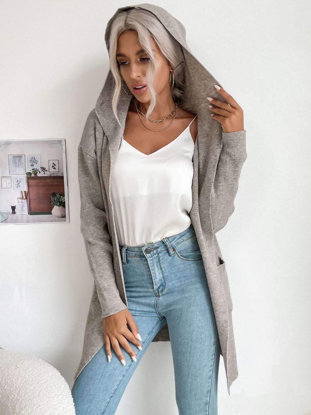 

Stylecast X KPOP Women Hooded Ribbed Longline Cardigan Sweater, Grey