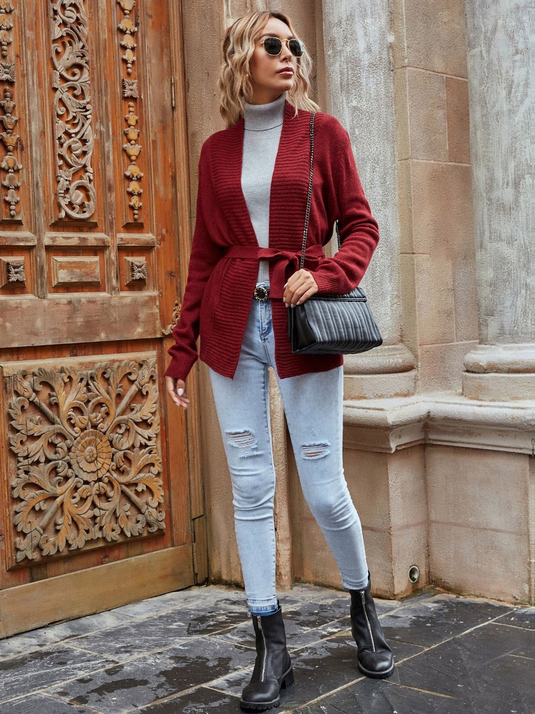 

Stylecast X KPOP Women Solid Cardigan Sweater With Waist Tie-Up Belt, Red