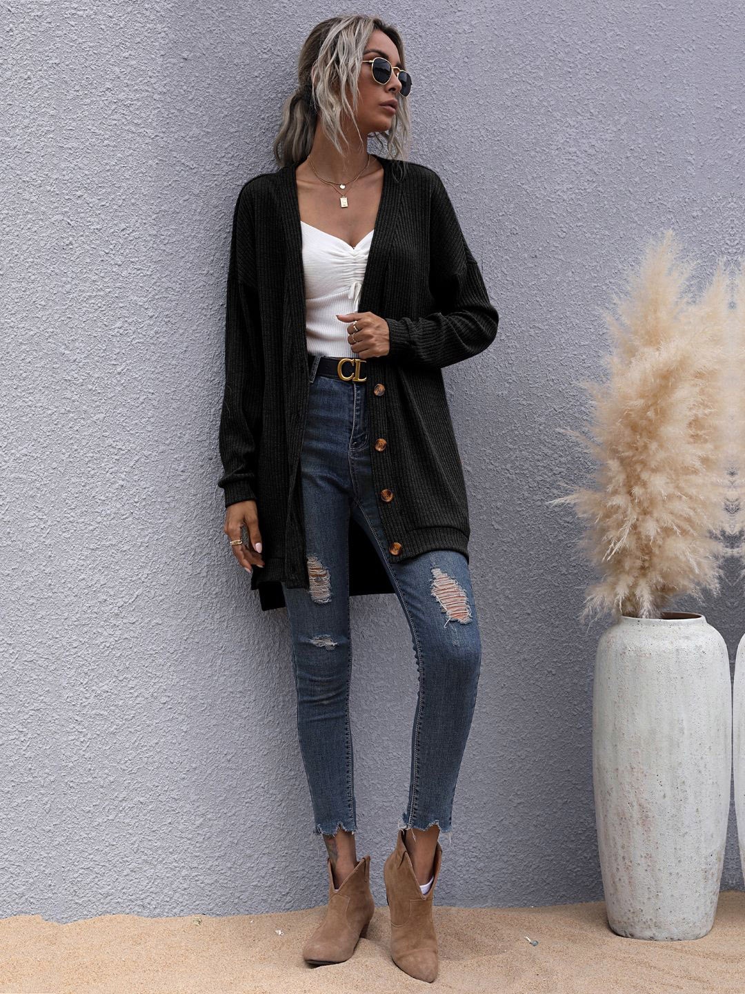 

Stylecast X KPOP Women Ribbed Longline Cardigan Sweater, Black