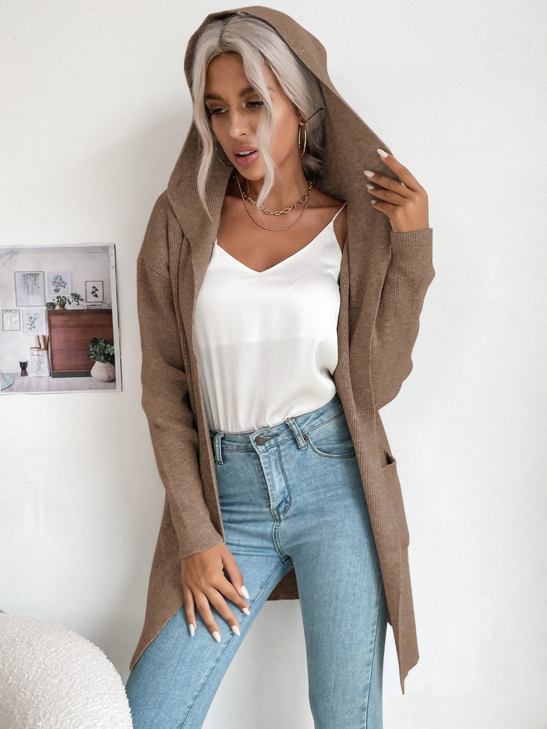 

Stylecast X KPOP Women Hooded Solid Longline Cardigan Sweater, Khaki