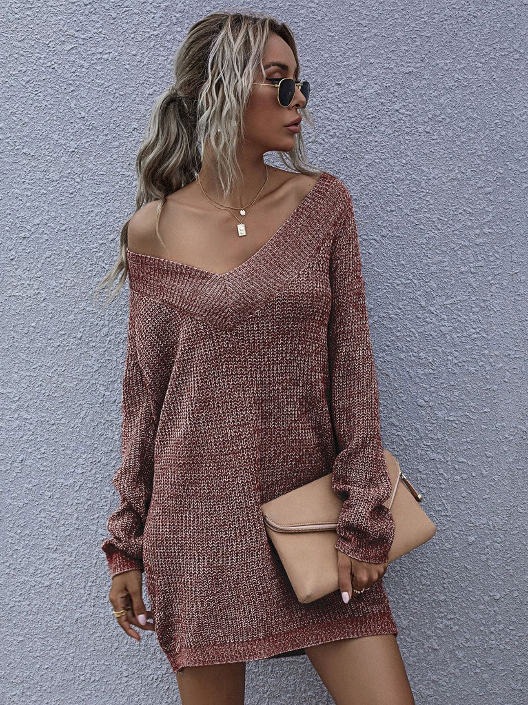 

Stylecast X KPOP Women Speckled Longline V-Neck Pullover Sweater, Red