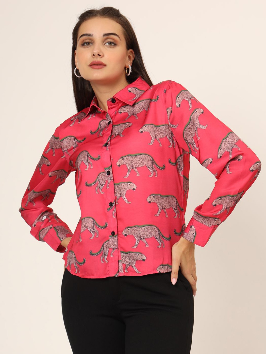

CHARMGAL Women Slim Fit Animal Printed Spread Collar Casual Shirt, Magenta