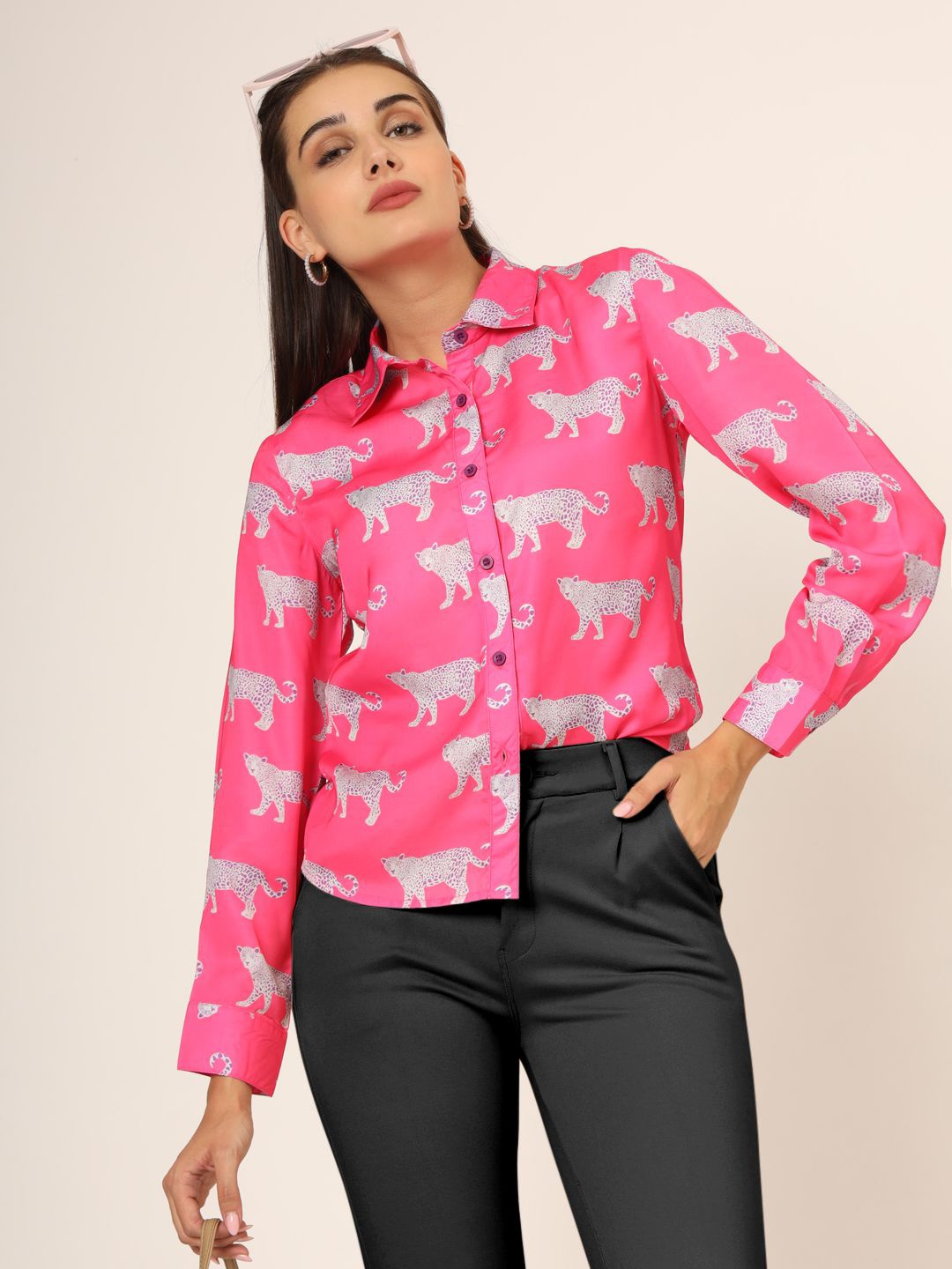 

CHARMGAL Women Slim Fit Printed Spread Collar Casual Shirt, Pink