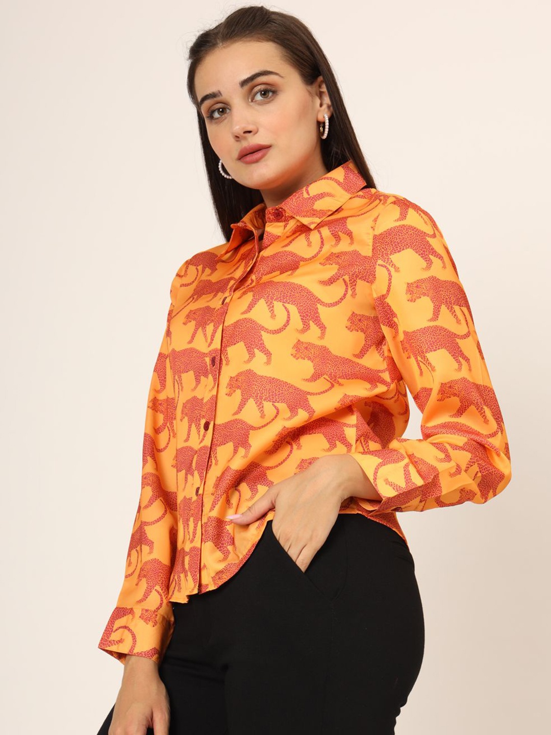 

CHARMGAL Women Slim Fit Printed Spread Collar Casual Shirt, Orange