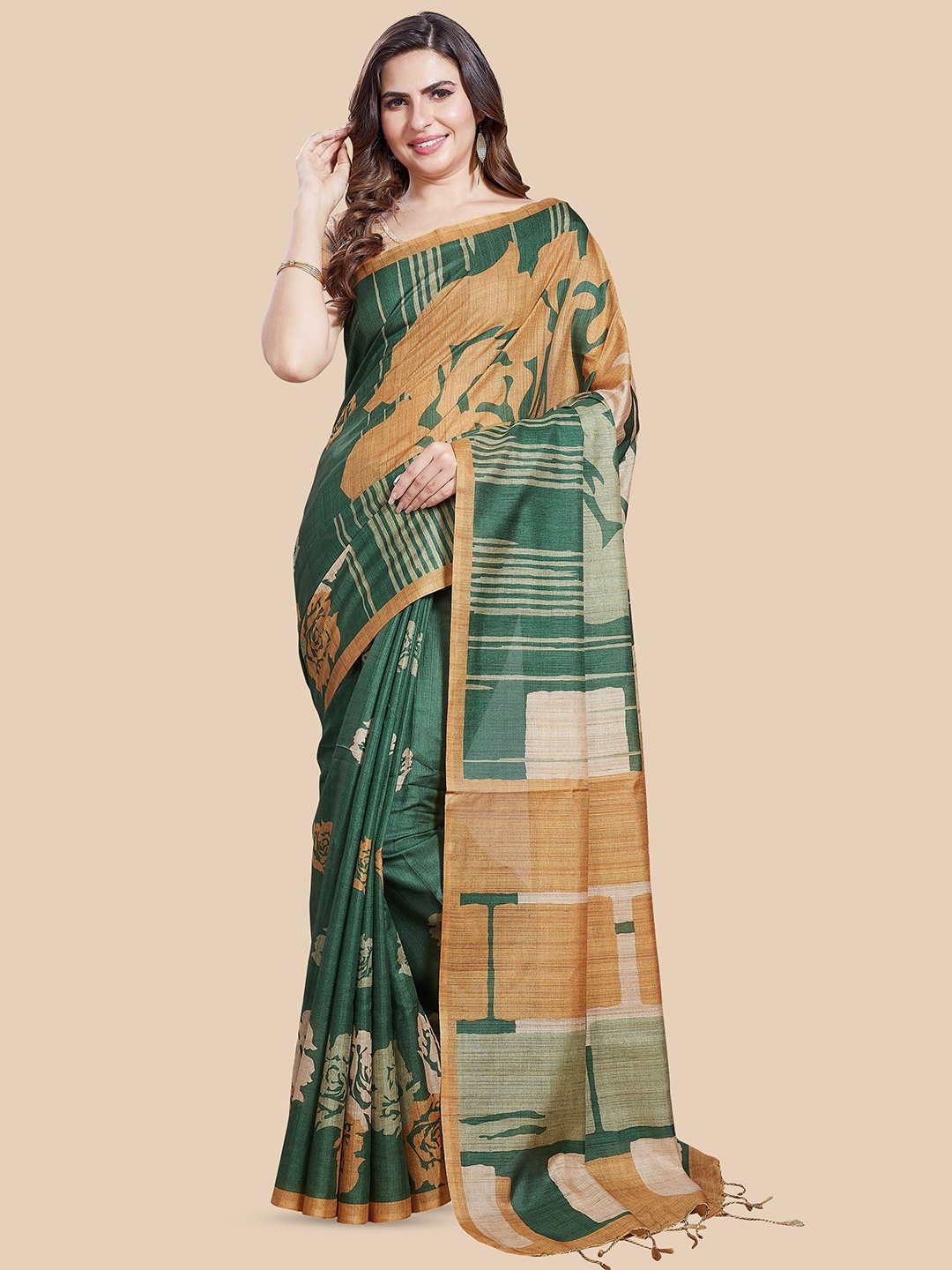 

Rani Saahiba Abstract Printed Tussar Saree, Beige