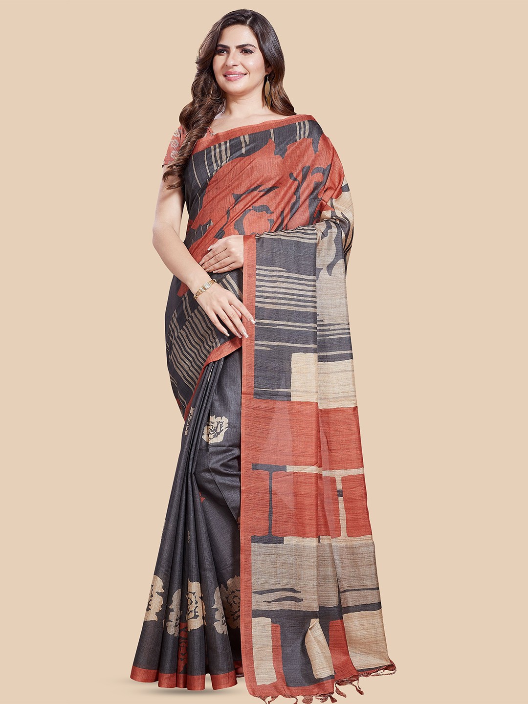 

Rani Saahiba Art Silk Tussar Saree, Beige