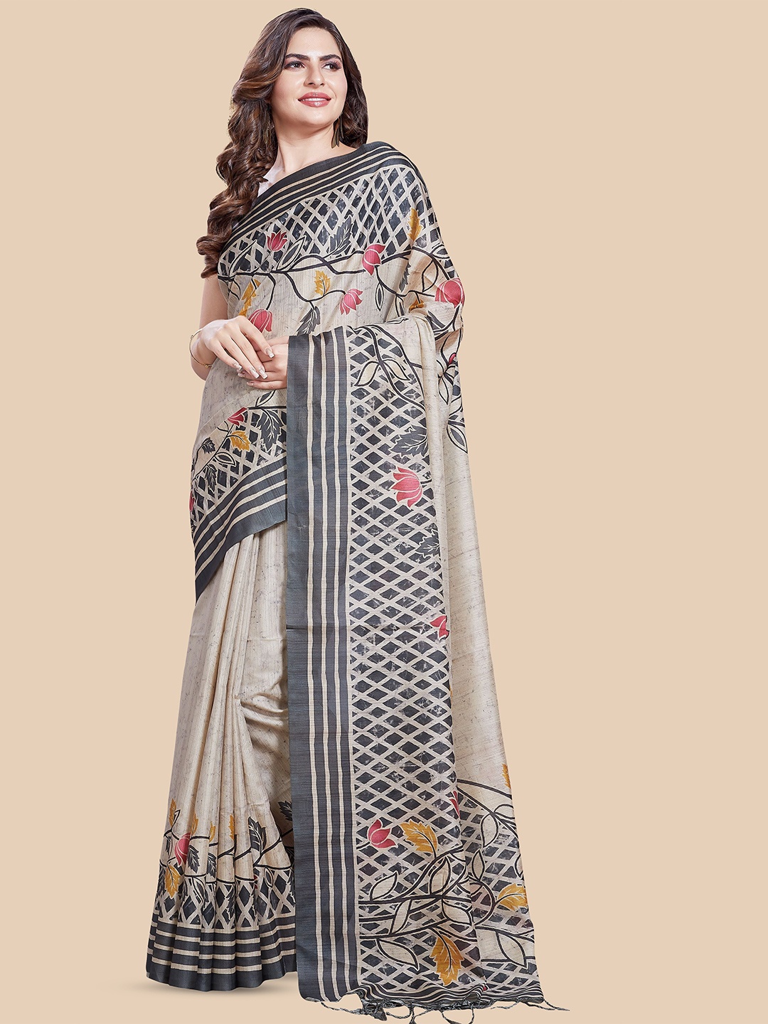 

Rani Saahiba Floral Print Saree With Blouse Piece, Grey