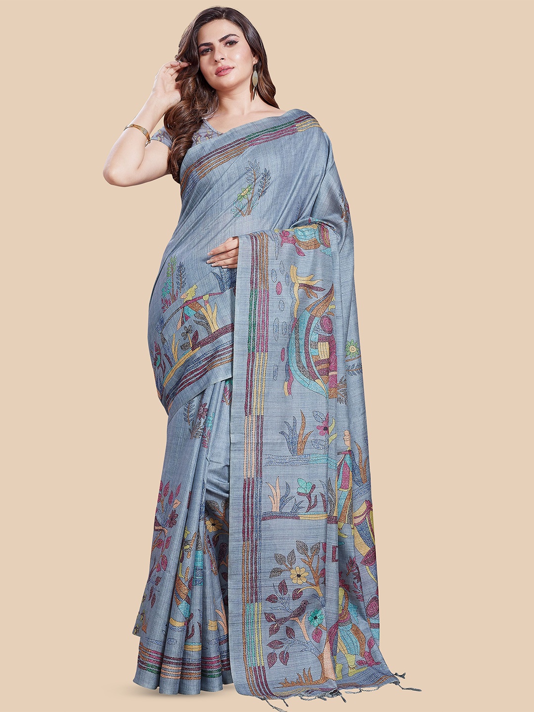 

Rani Saahiba Printed Tussar Saree With Blouse Piece, Grey