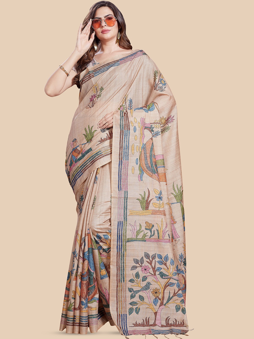 

Rani Saahiba Printed Tussar Saree With Blouse Piece, Beige