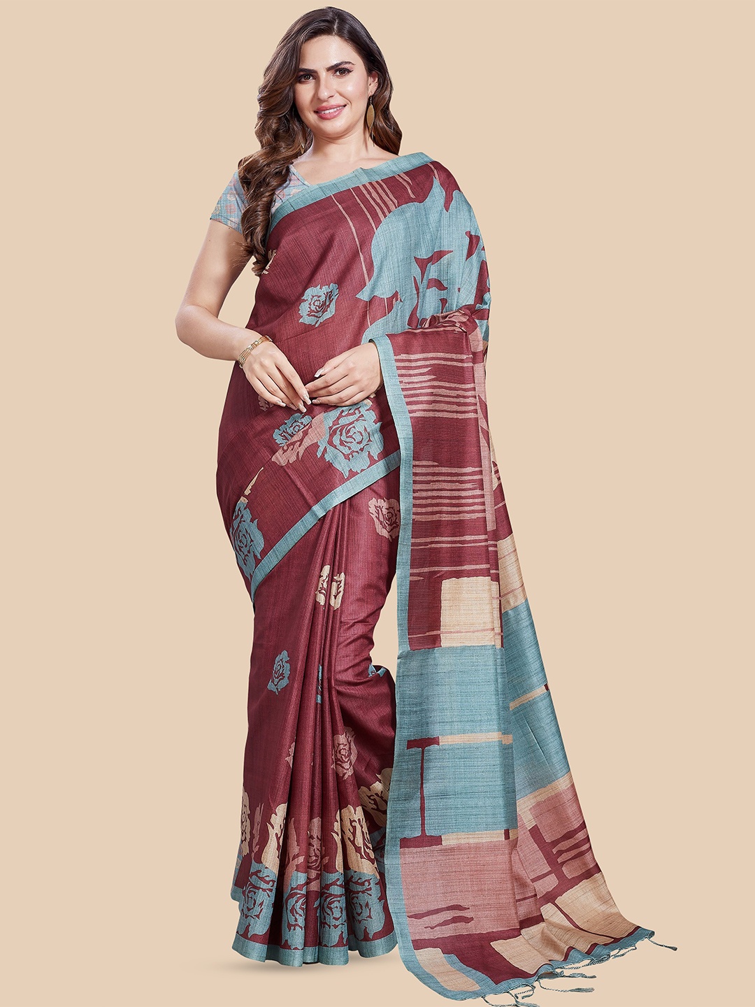 

Rani Saahiba Floral Printed Tussar Saree, Beige