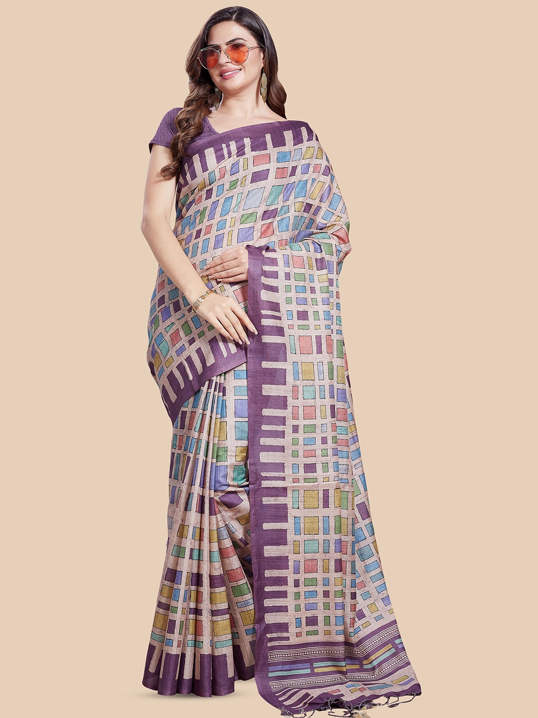 

Rani Saahiba Abstract Printed Tussar Saree, Beige