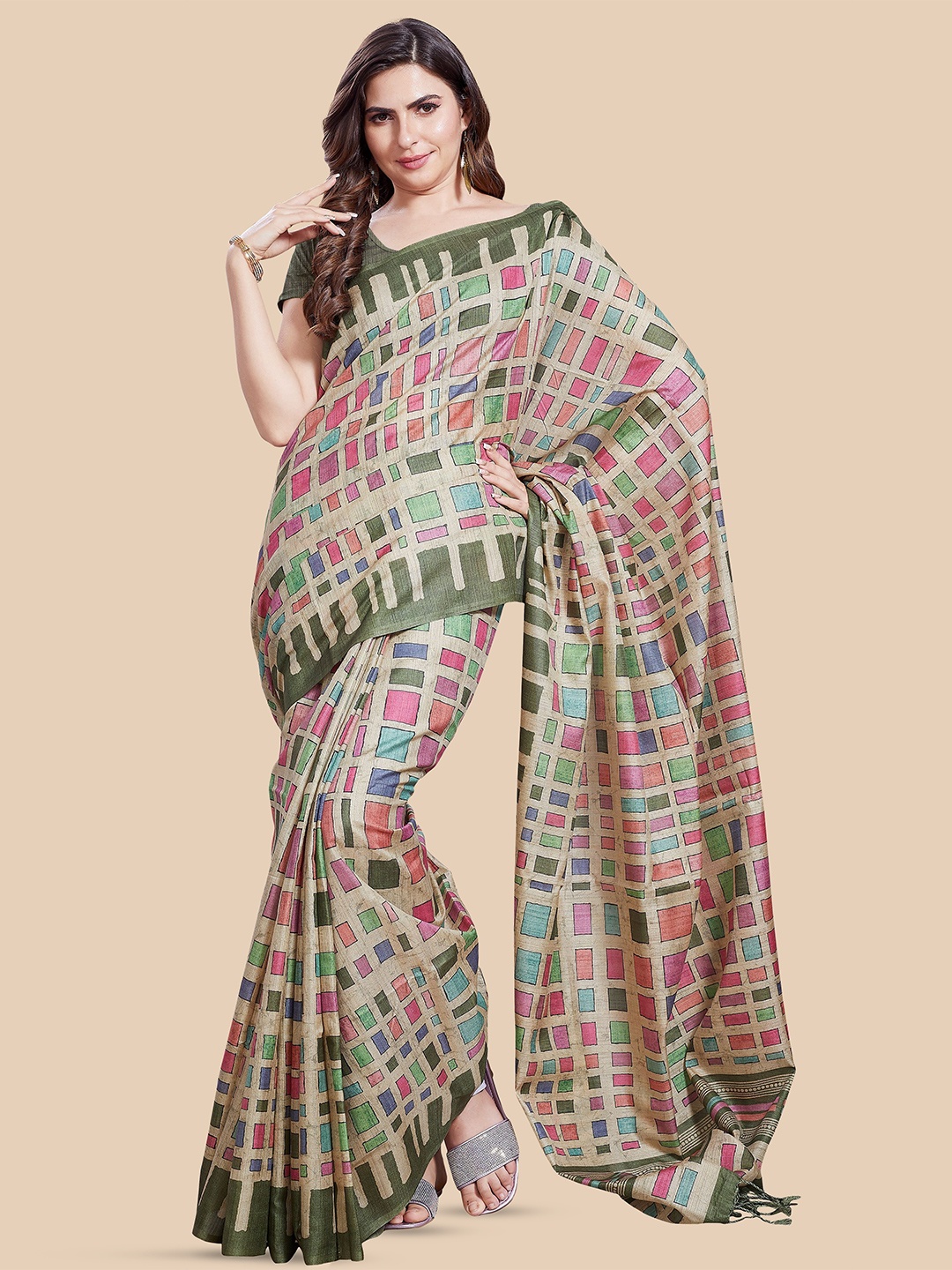 

Rani Saahiba Printed Saree With Blouse Piece, Beige