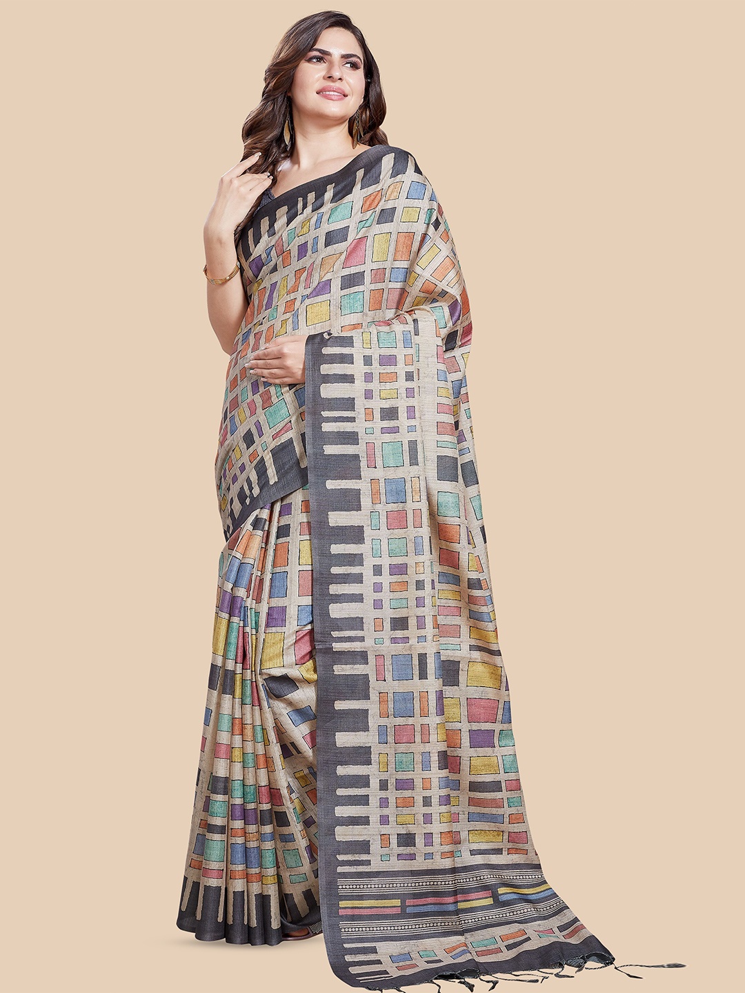 

Rani Saahiba Printed Art Silk Saree, Beige