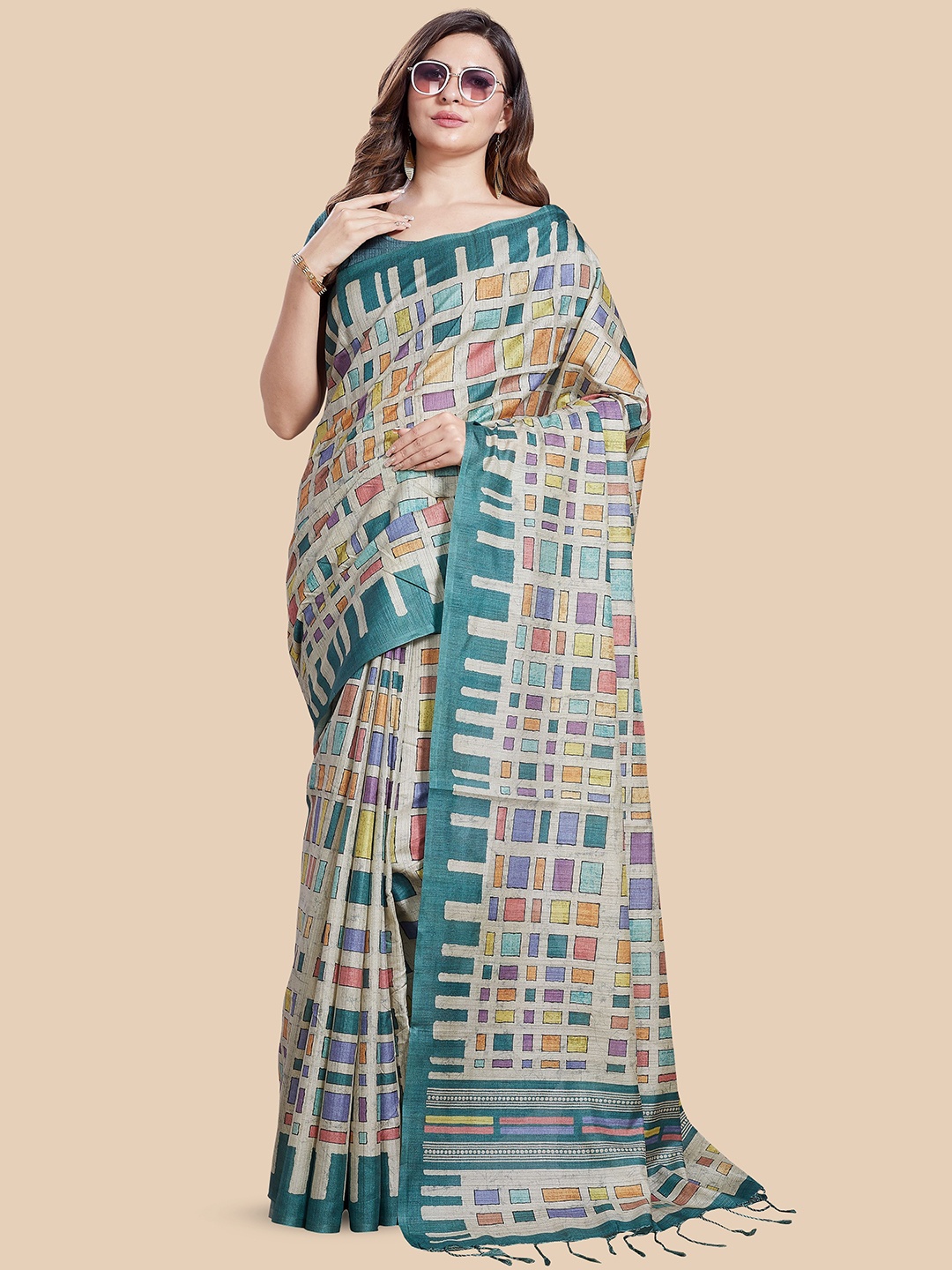

Rani Saahiba Geometric Printed Tussar Saree, Beige