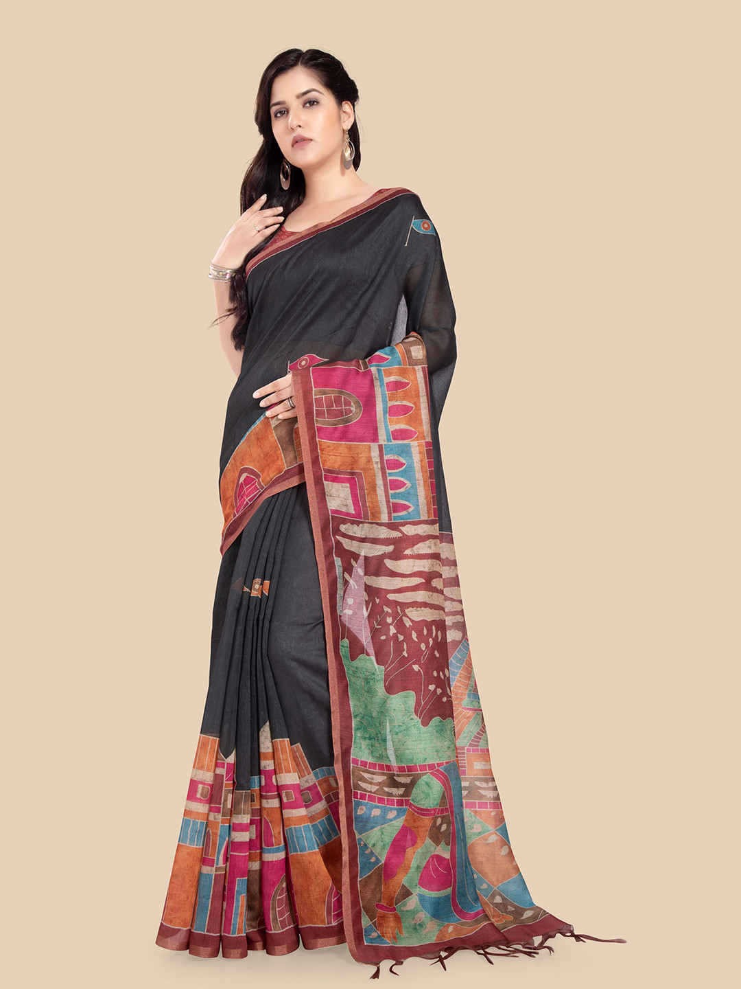

Rani Saahiba Solid Printed Saree, Black