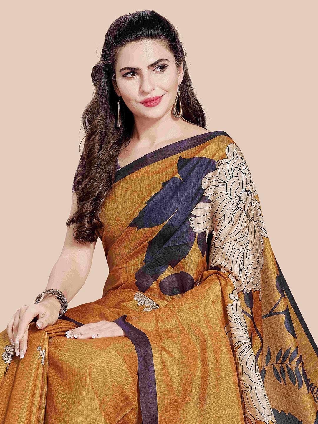 

Rani Saahiba Floral Printed Saree With Blouse Piece, Mustard