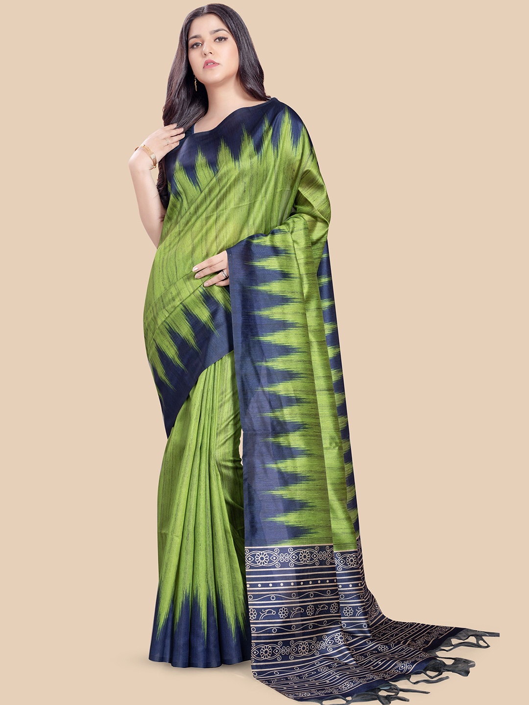 

Rani Saahiba Geometric Printed Tussar Saree, Green