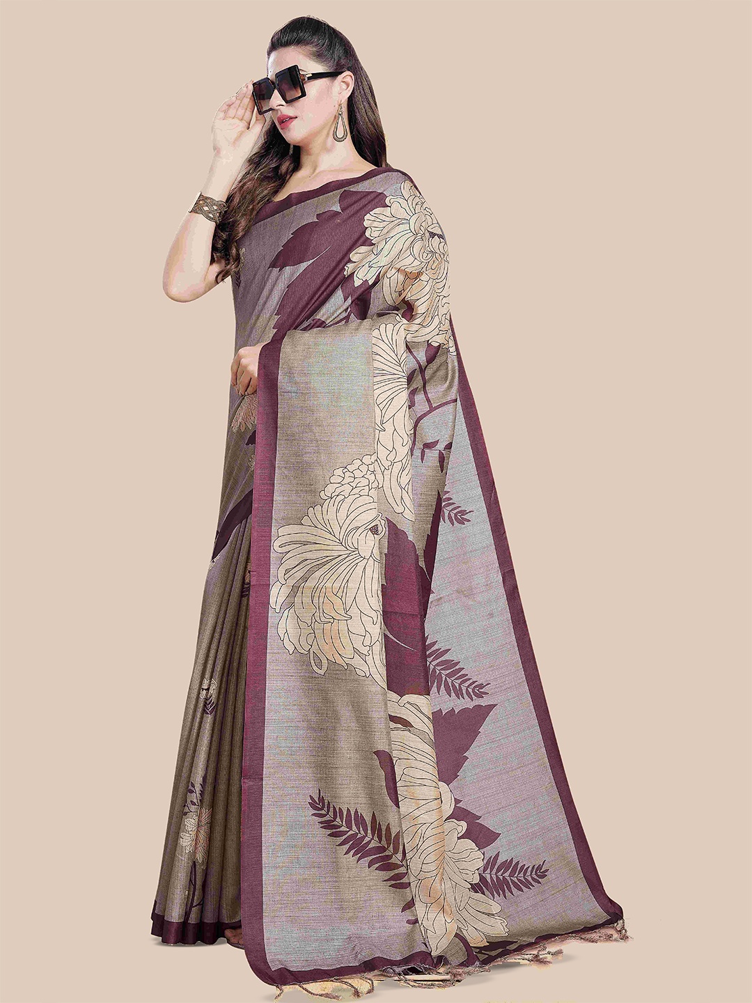 

Rani Saahiba Floral Print Saree With Blouse Piece, Purple