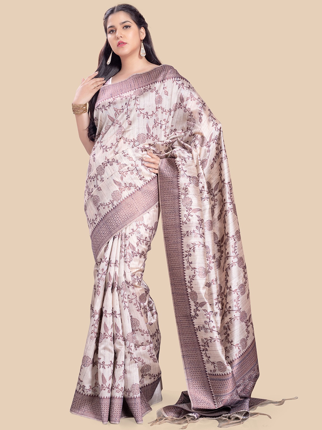 

Rani Saahiba Woven Design Zari Tussar Saree, Beige