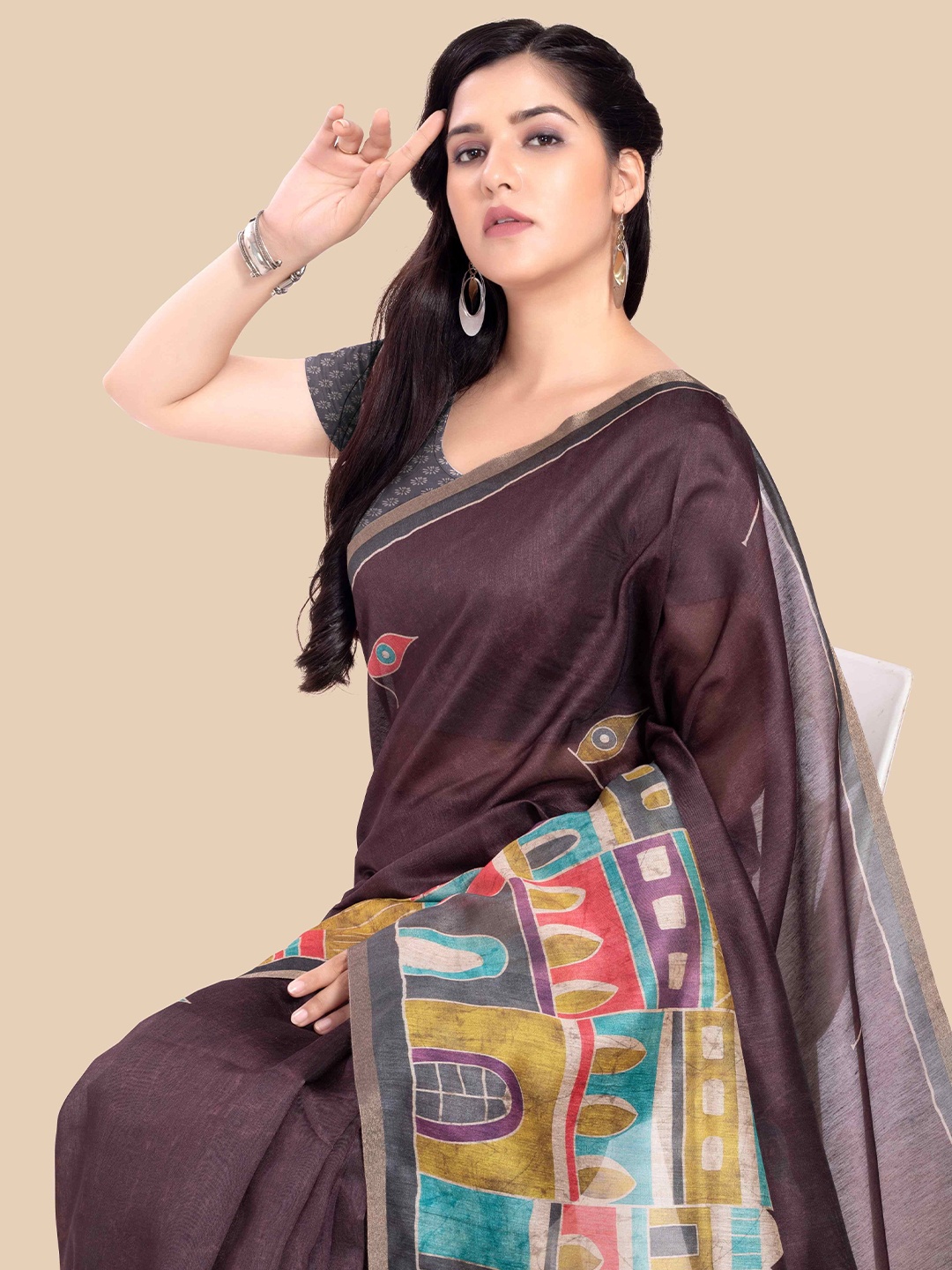 

Rani Saahiba Solid Printed Saree, Brown