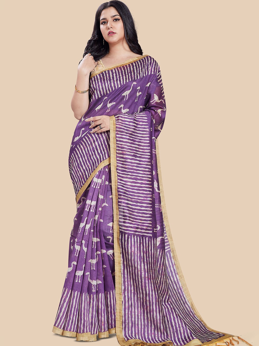 

Rani Saahiba Printed Tussar Saree With Blouse Piece, Purple
