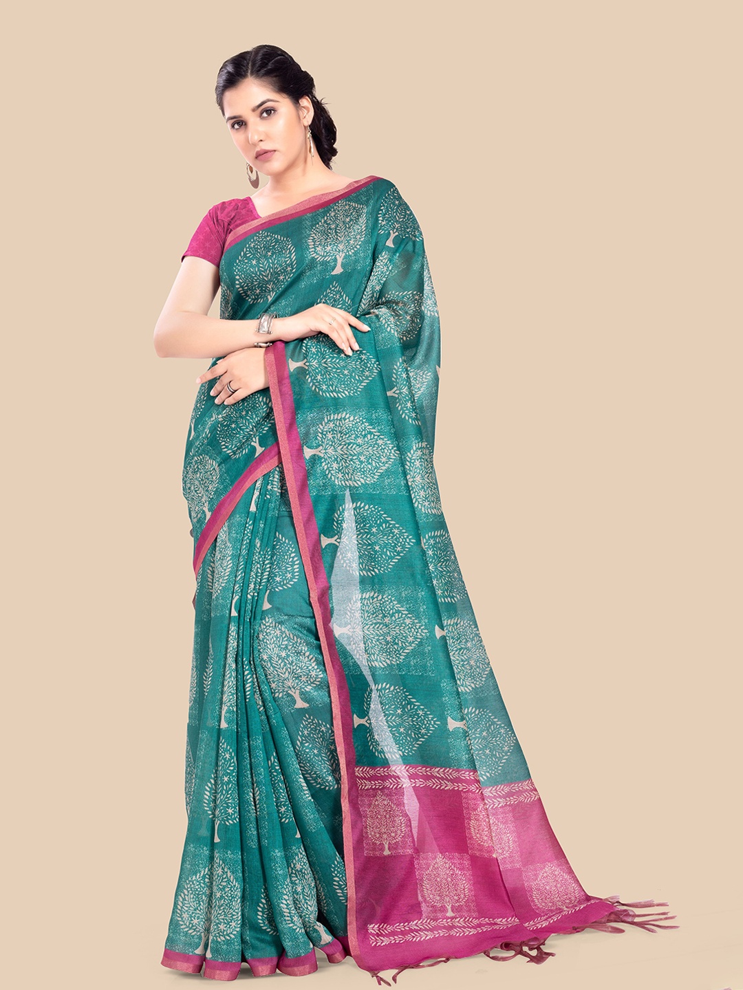 

Rani Saahiba Printed Tussar Saree With Blouse Piece, Turquoise blue