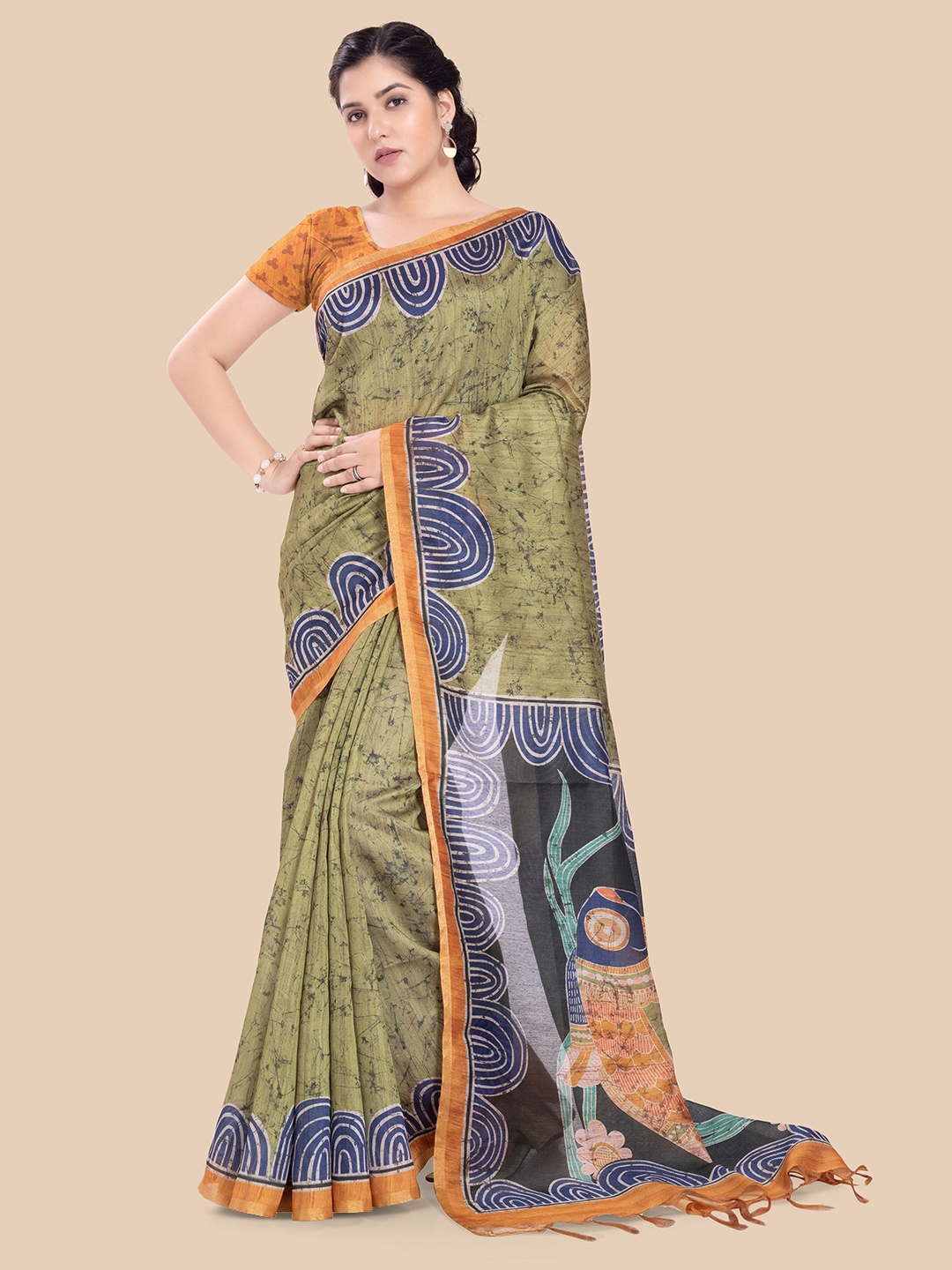 

Rani Saahiba Printed Tussar Saree With Blouse Piece, Green