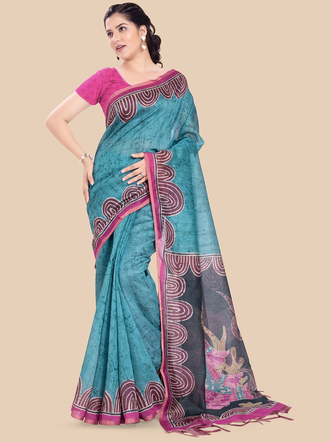 

Rani Saahiba Ethnic Motifs Printed Tussar Saree, Green