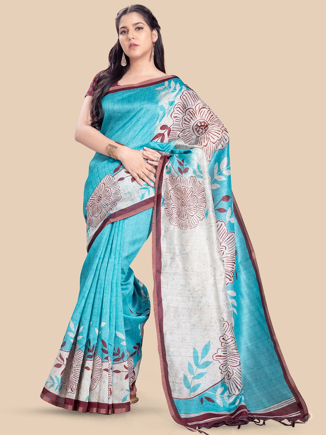 

Rani Saahiba Ethnic Motifs Printed Tussar Saree, Blue