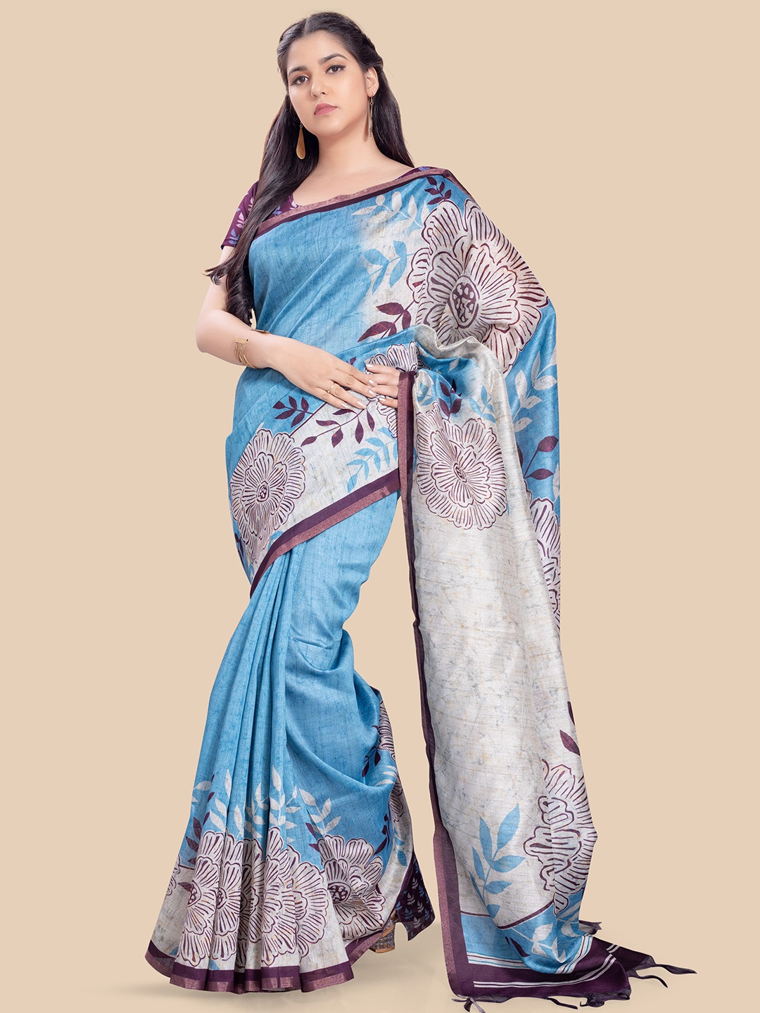 

Rani Saahiba Floral Art Silk Saree, Off white