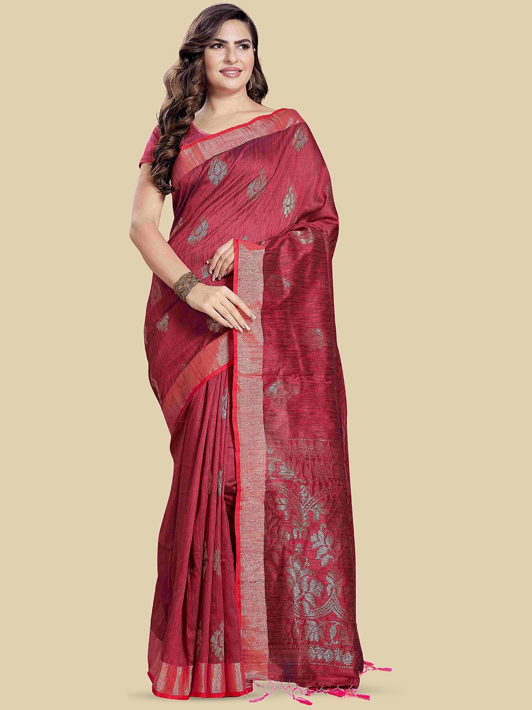 

Rani Saahiba Woven Design Zari Saree, Pink