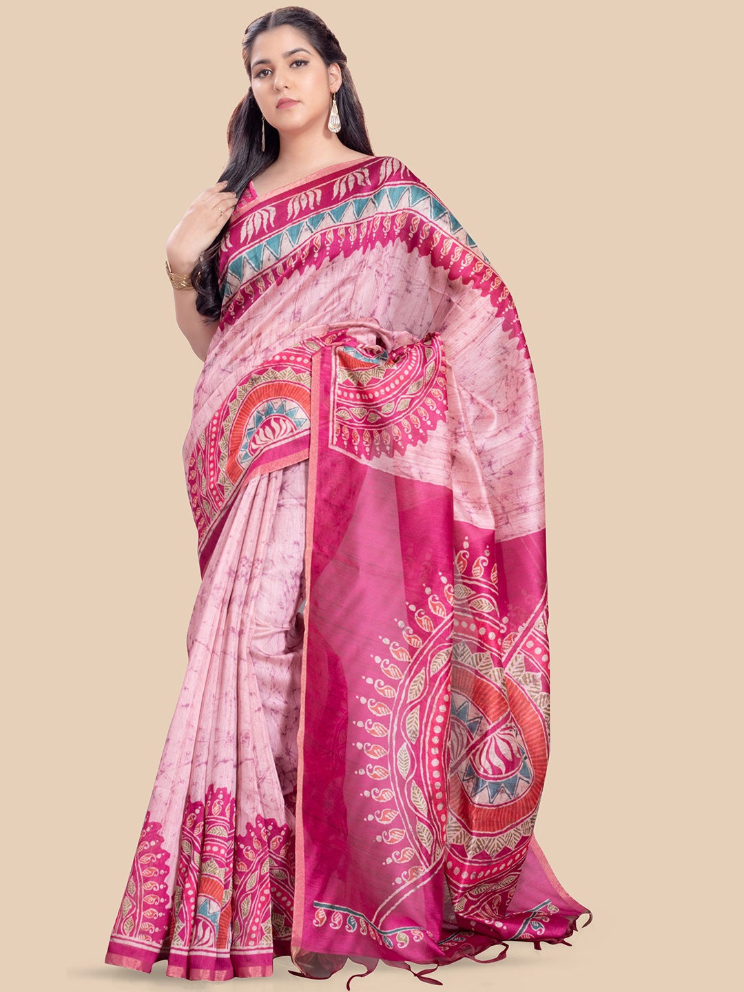 

Rani Saahiba Ethnic Motifs Tussar Saree, Pink