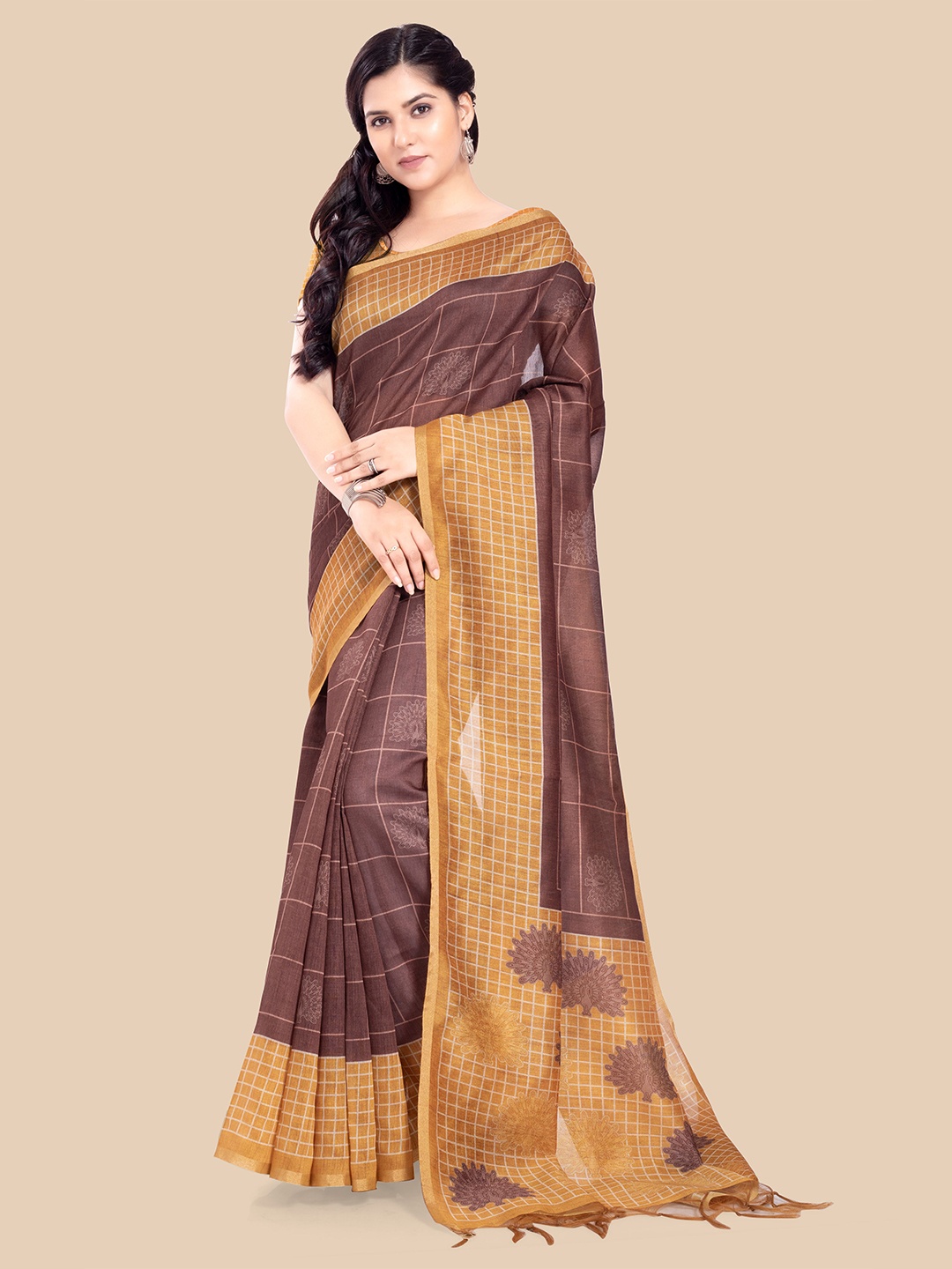 

Rani Saahiba Checked Art Silk Saree, Brown