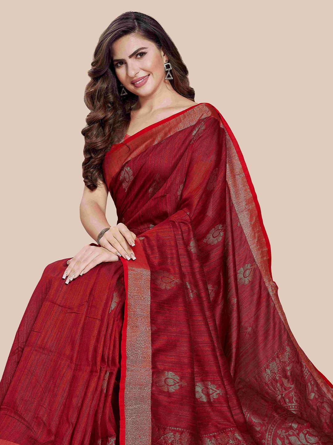 

Rani Saahiba Woven Design Zari Saree With Blouse Piece, Red
