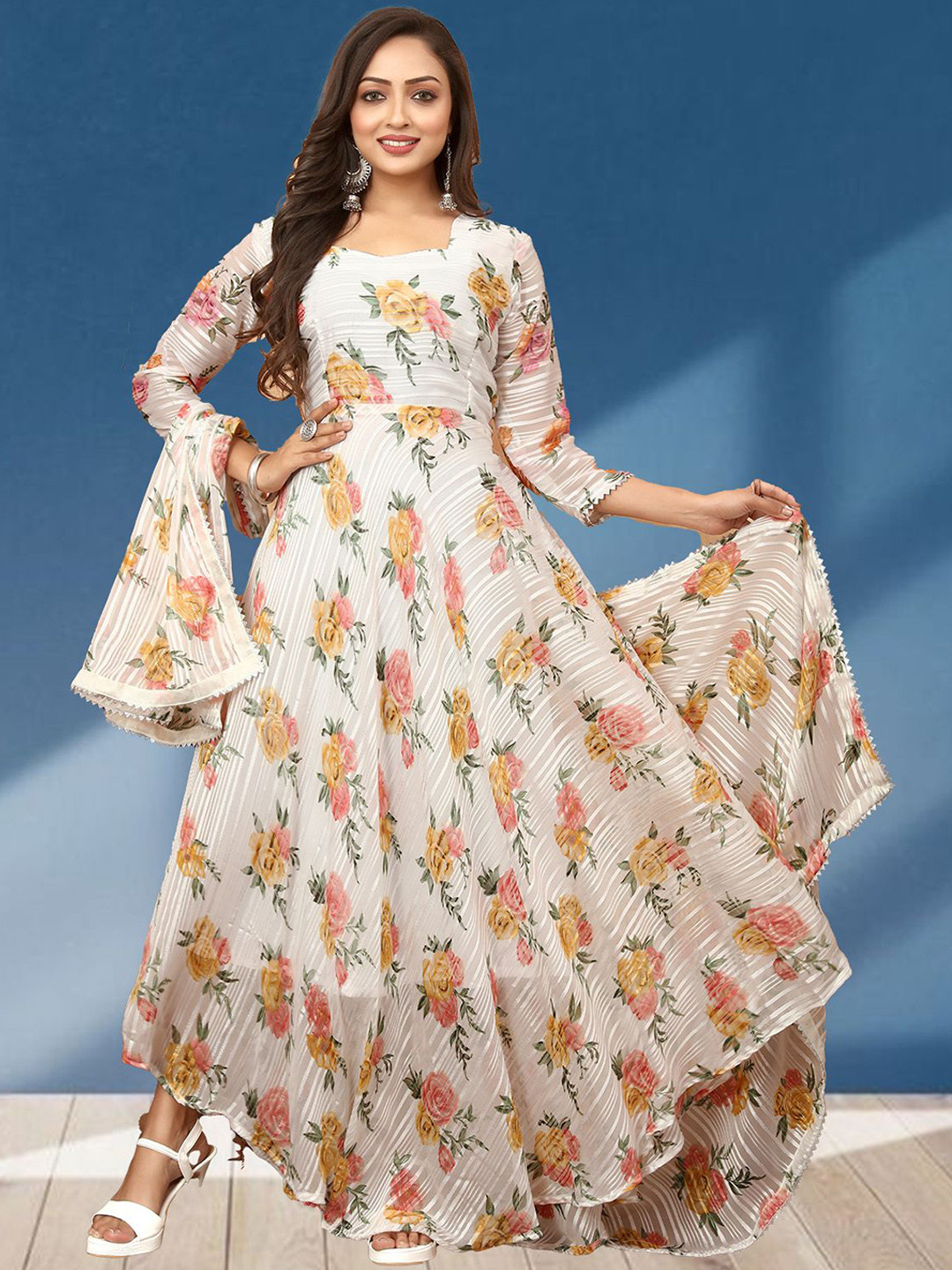 

N N ENTERPRISE Floral Printed Georgette Fit & Flare Maxi Ethnic Dresses With Dupatta, Orange
