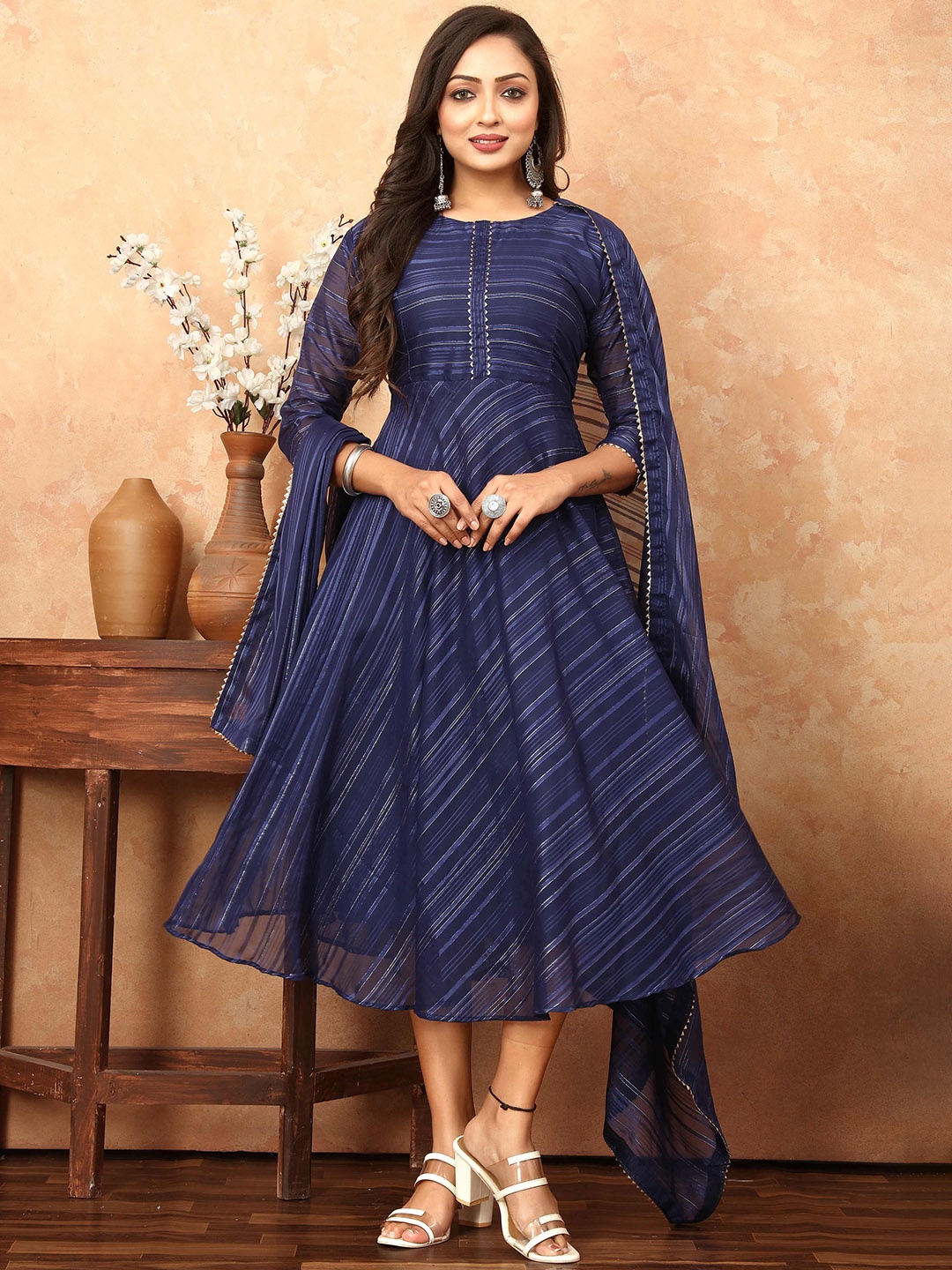 

N N ENTERPRISE Striped Fit & Flared Midi Ethnic Dresses With Dupatta, Blue