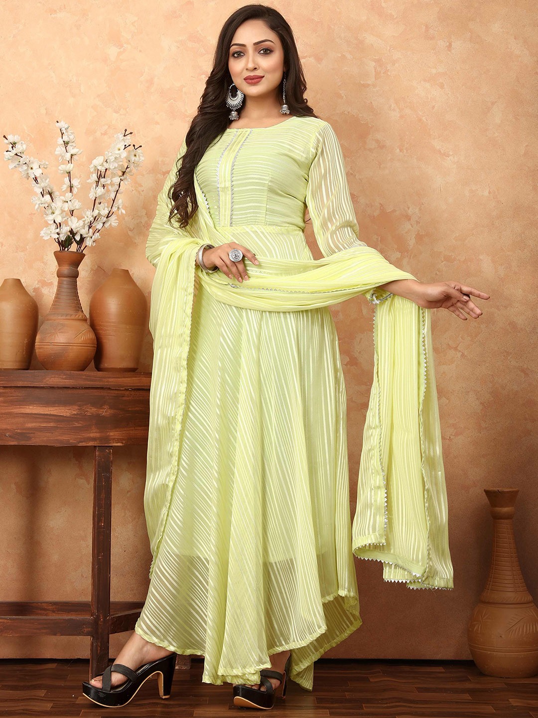 

N N ENTERPRISE Striped Georgette Fit & Flare Maxi Ethnic Dresses With Dupatta, Yellow