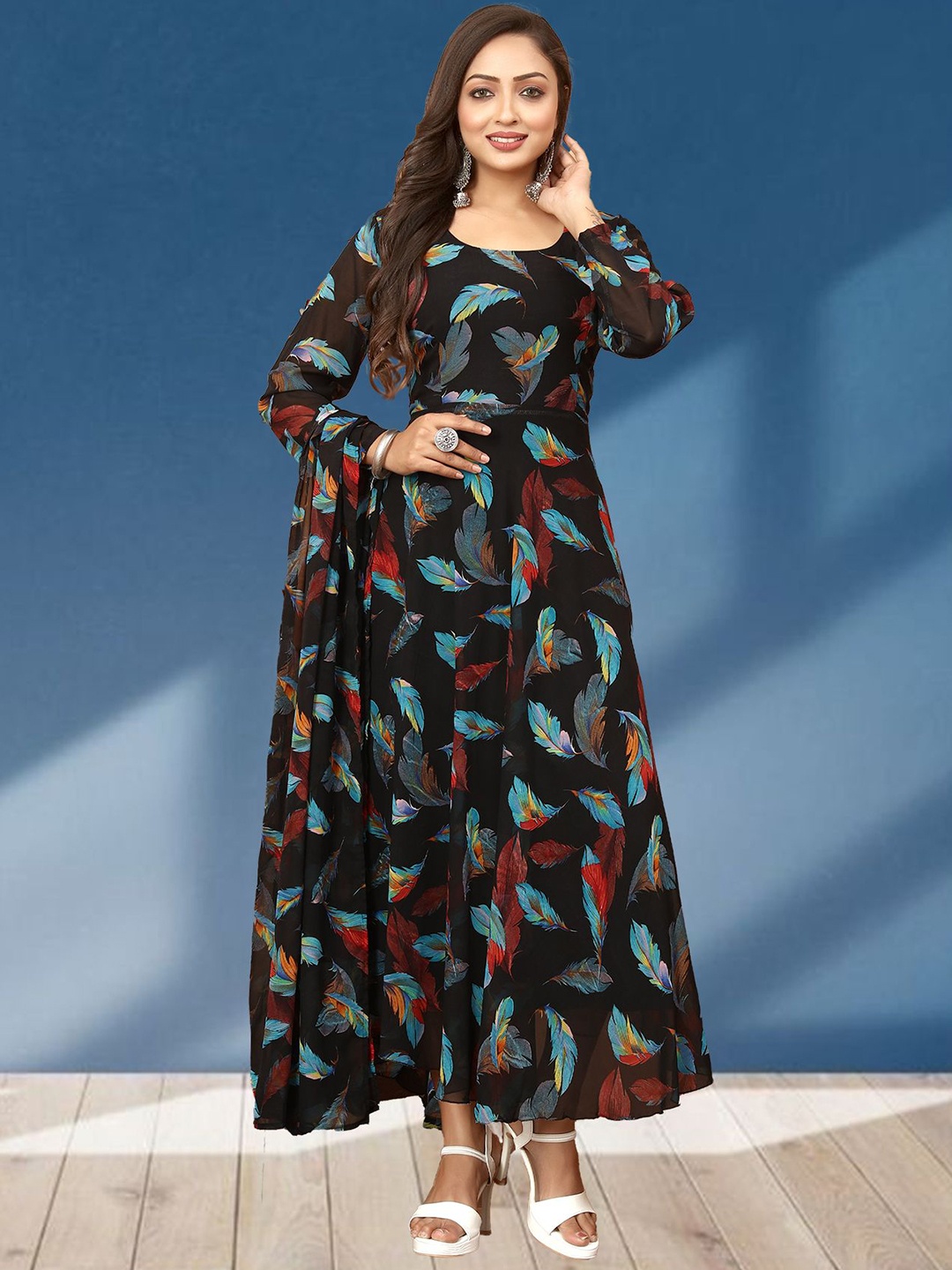 

N N ENTERPRISE Floral Printed Fit & Flared Maxi Dress With Dupatta, Black