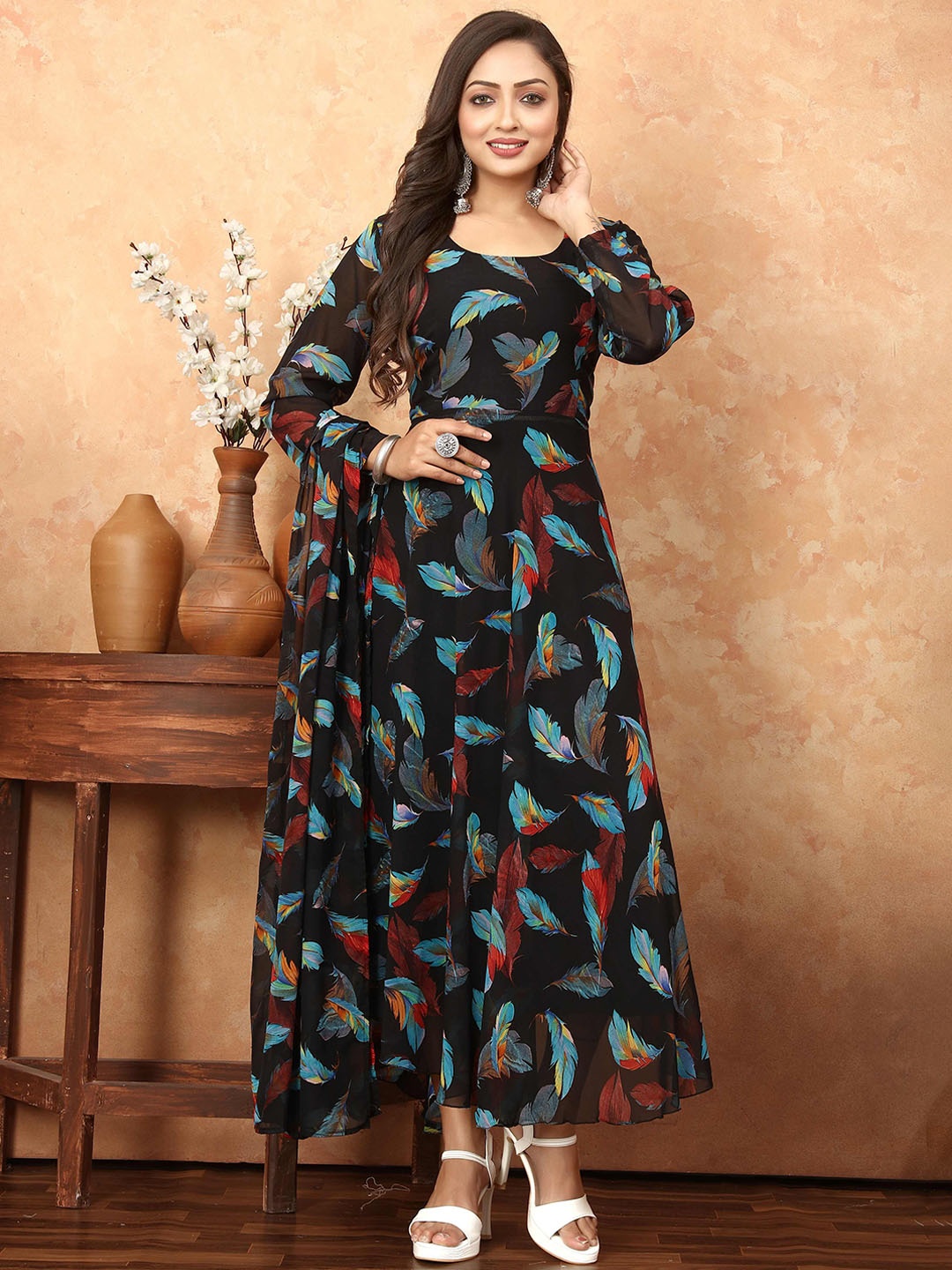 

N N ENTERPRISE Striped Georgette Fit & Flared Maxi Ethnic Dress With Dupatta, Black