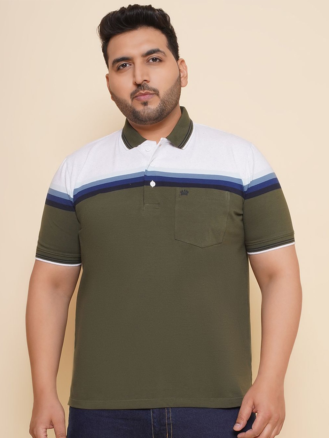 

John Pride Men Colourblocked Polo Collar Plus Size T-shirt, Green