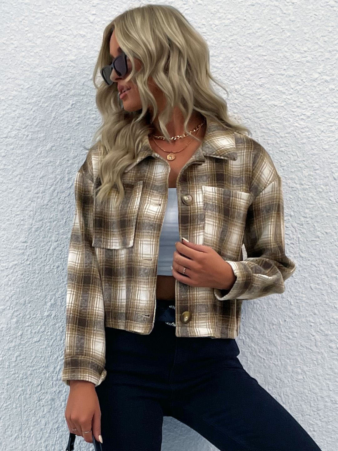 

Stylecast X KPOP Women Checked Crop Tailored Jacket, Khaki