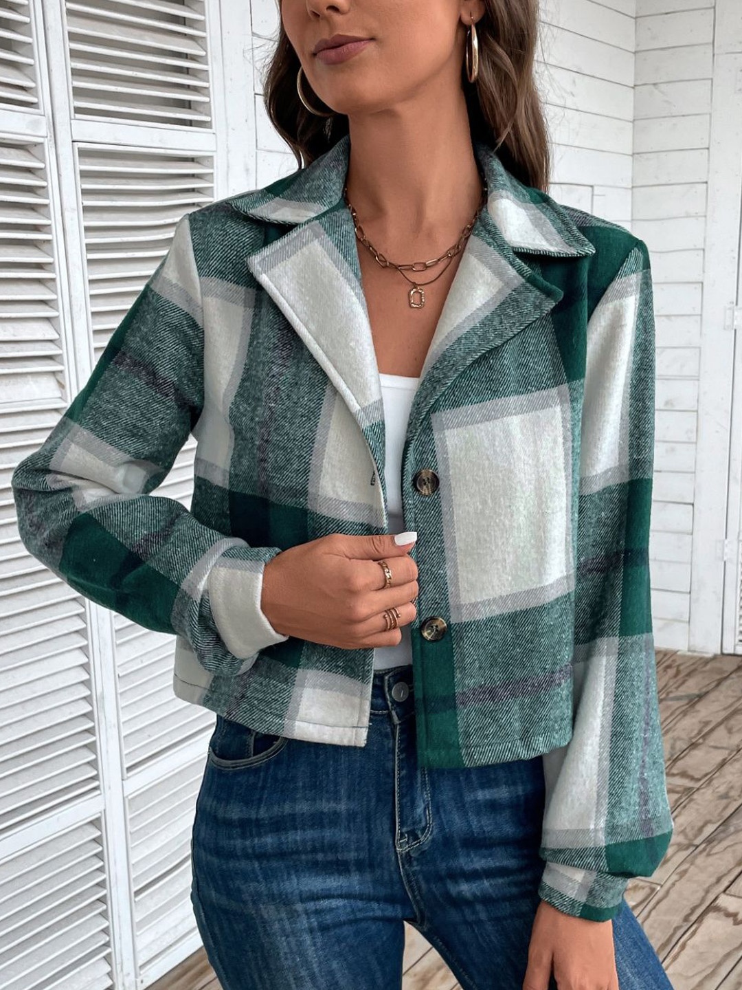 

Stylecast X KPOP Women Self Design Checked Lapel Collar Tailored Jacket, Green