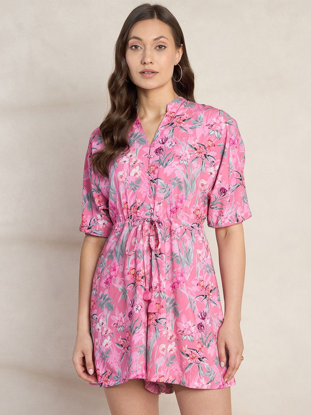

FEMMELLA Floral Printed Mandarin Collar Playsuit, Pink