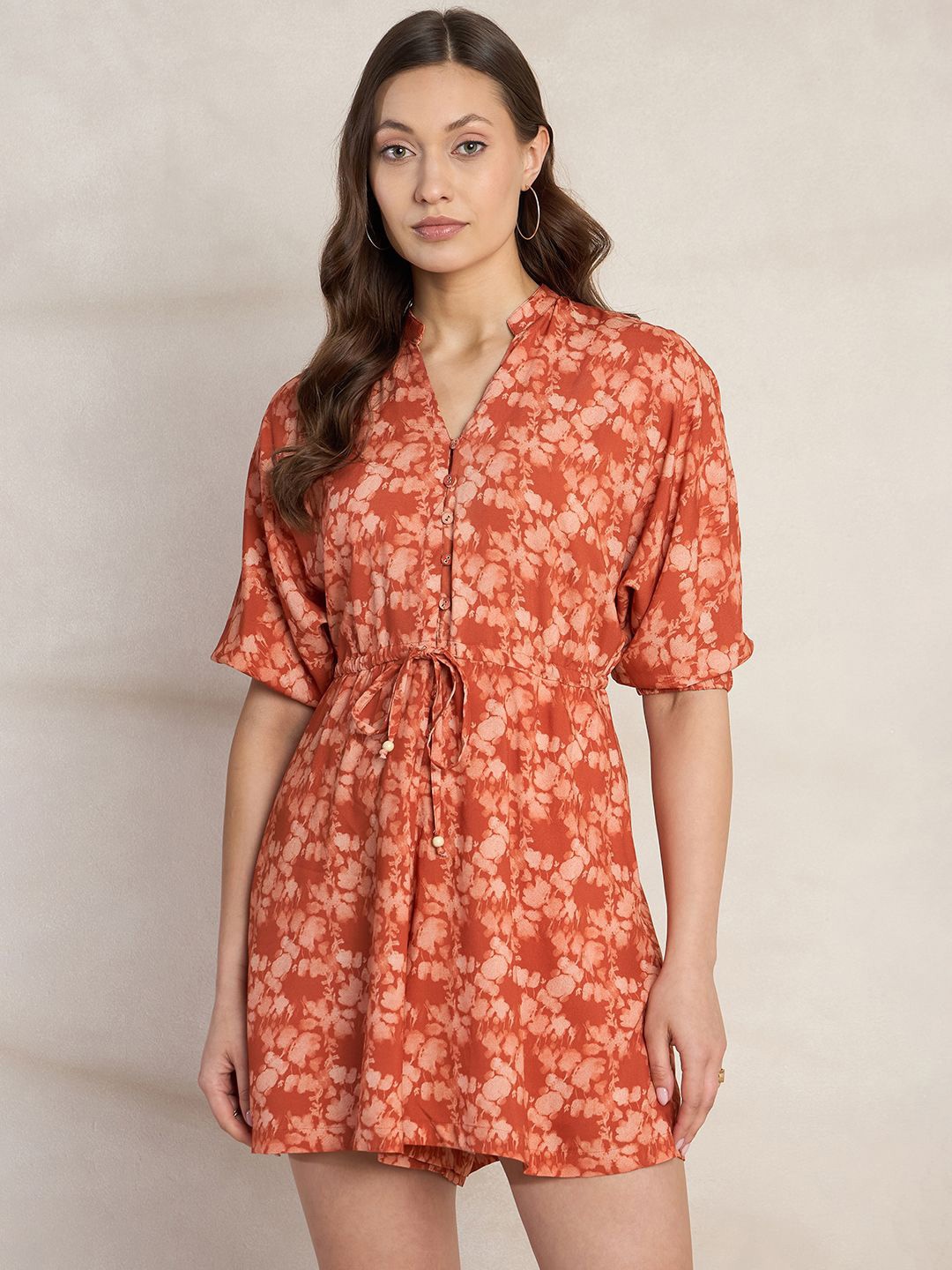 

FEMMELLA Floral Printed Mandarin Collar Playsuit, Orange