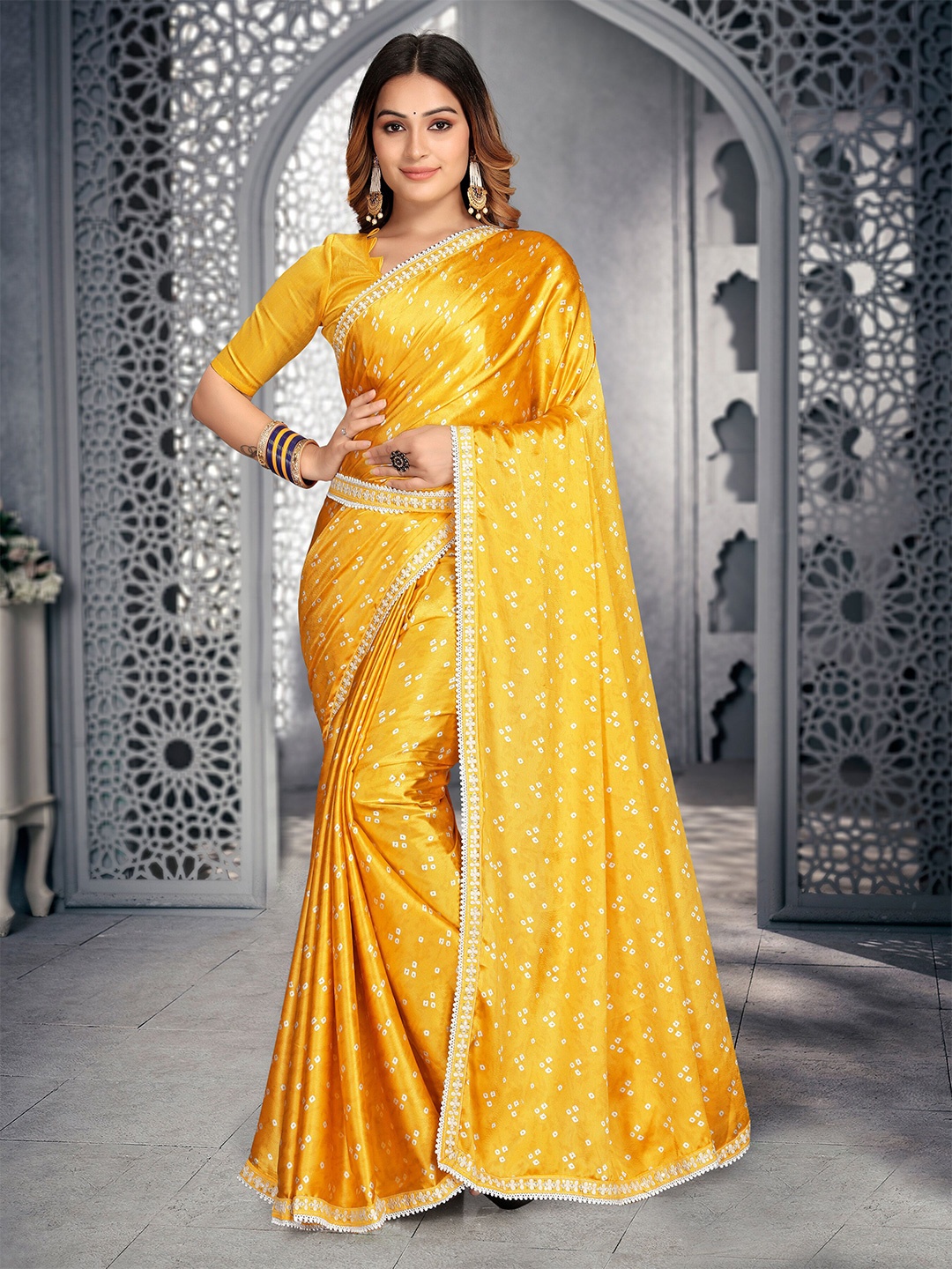 

ZIBLON Embroidered Satin Bandhani Saree, Yellow